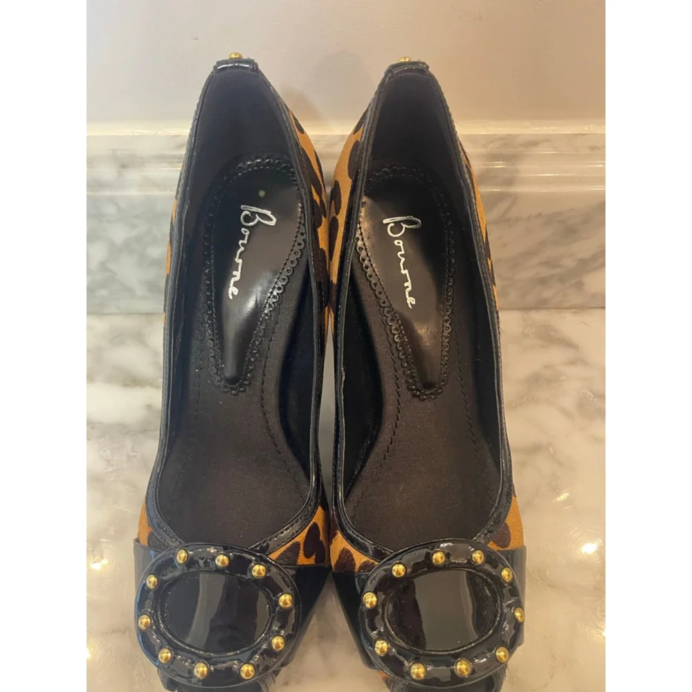 Y2K Bourne London Leopard Pony Hair Patent Leather Peep Toe Stiletto Heels Sz 37